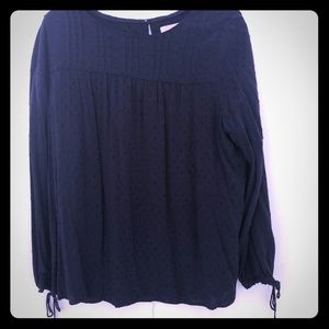 Loft navy blue top smocked neck ties at wrist